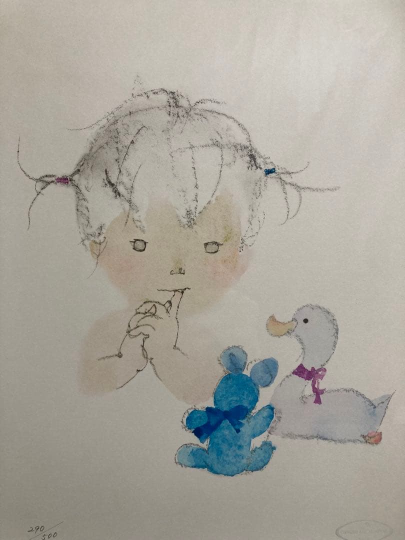 【真作保証】いわさきちひろ「 少女とぬいぐるみ」リトグラフ 印有り 版画 絵画
