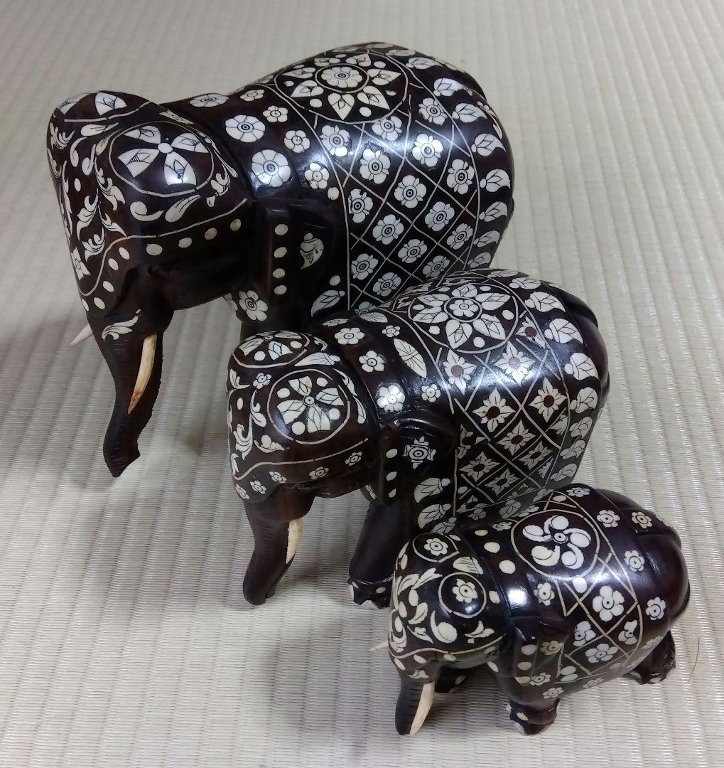 木彫のインド象家族3体セット 置物