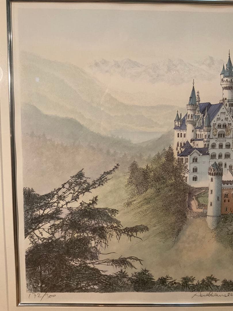 織田義郎　「ノイシュバンシュタイン城」　リトグラフ　直筆サイン・エディション有り