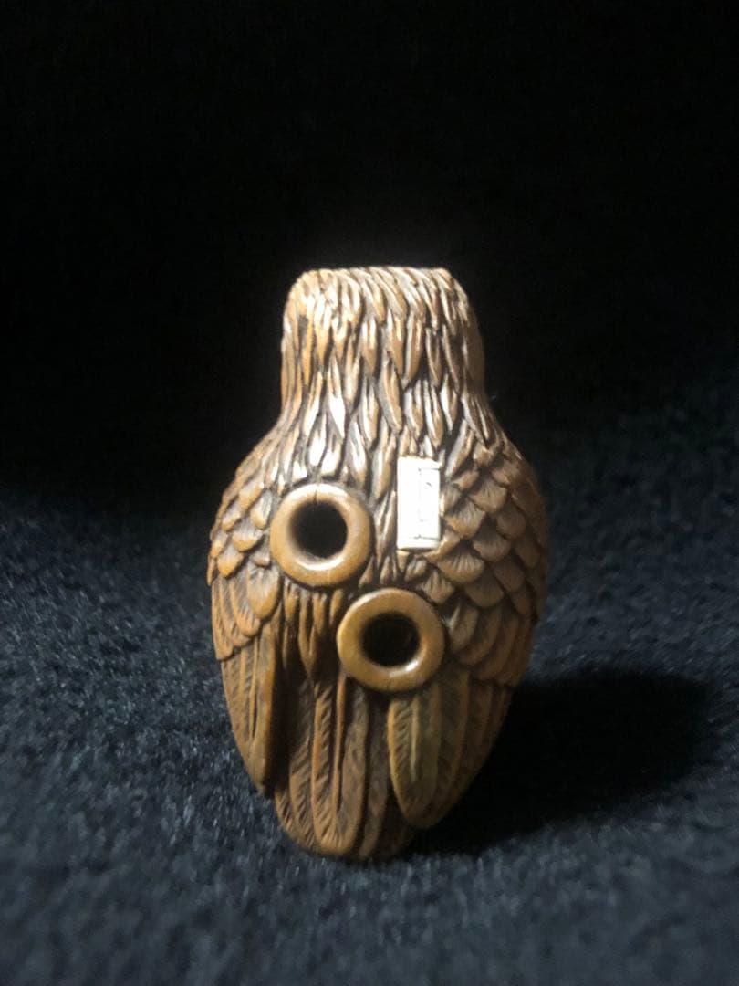 明治時代　木製　木彫　梟　根付　提げ物　骨董アンティーク　在銘