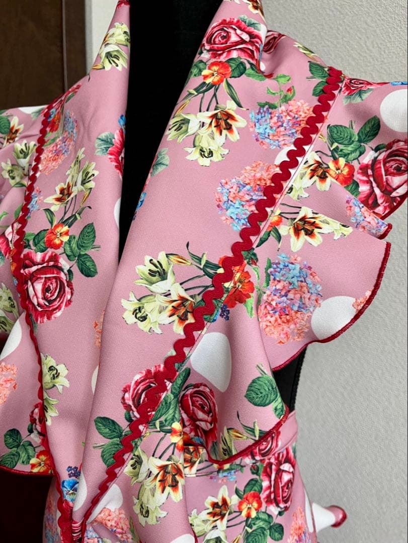 フラメンコ エプロンセット ロング丈 ピンク花柄白ドット