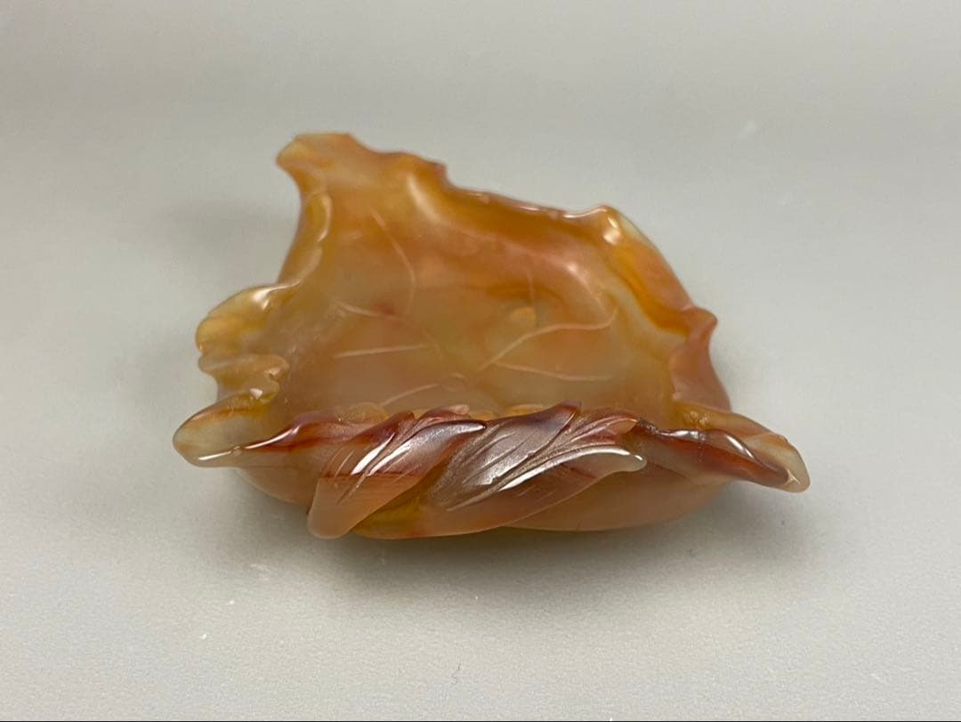 極上細密細工 葉形 筆洗 瑪瑙 石製 琥珀色 書道具 水孟 清朝 天然石