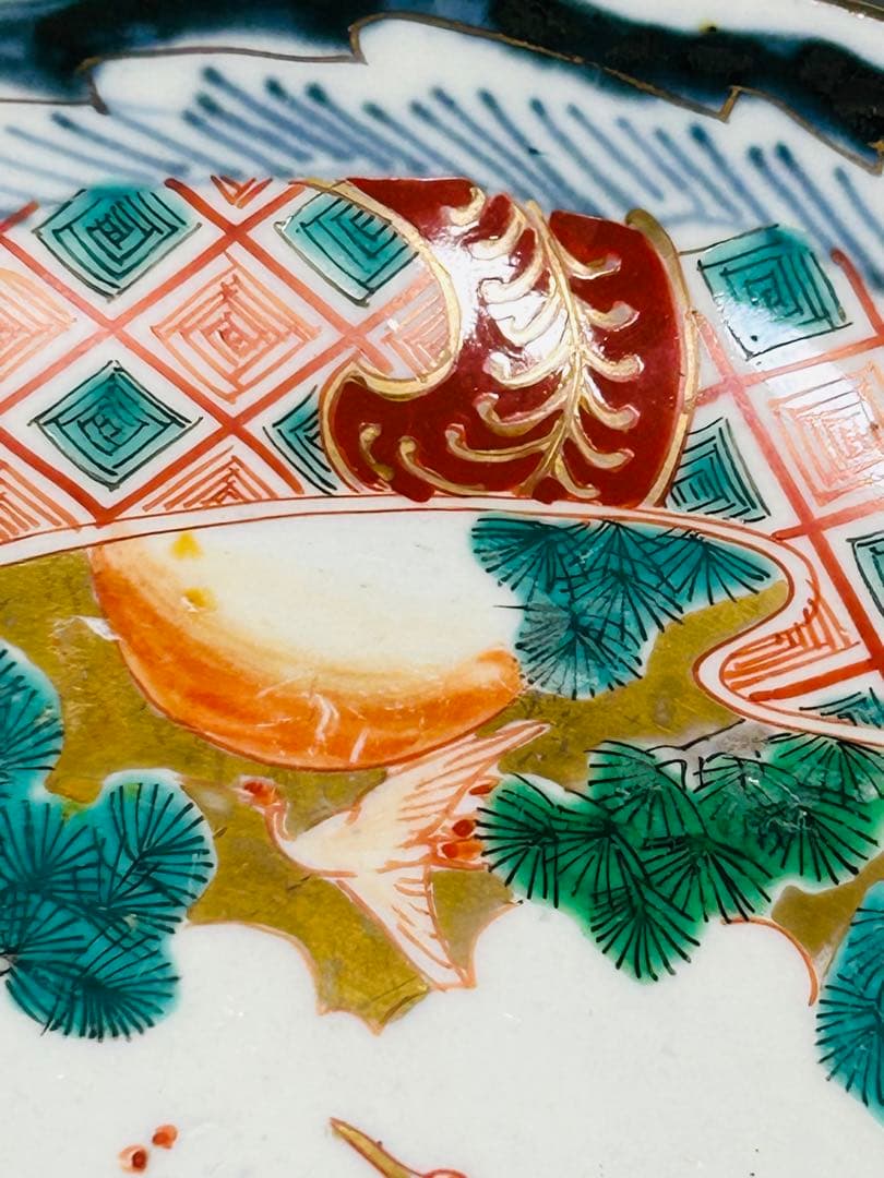 古伊万里　色絵　金襴手　松竹梅　鶴　輪花　七寸皿　5枚　21.5㎝　窓絵　帆舟