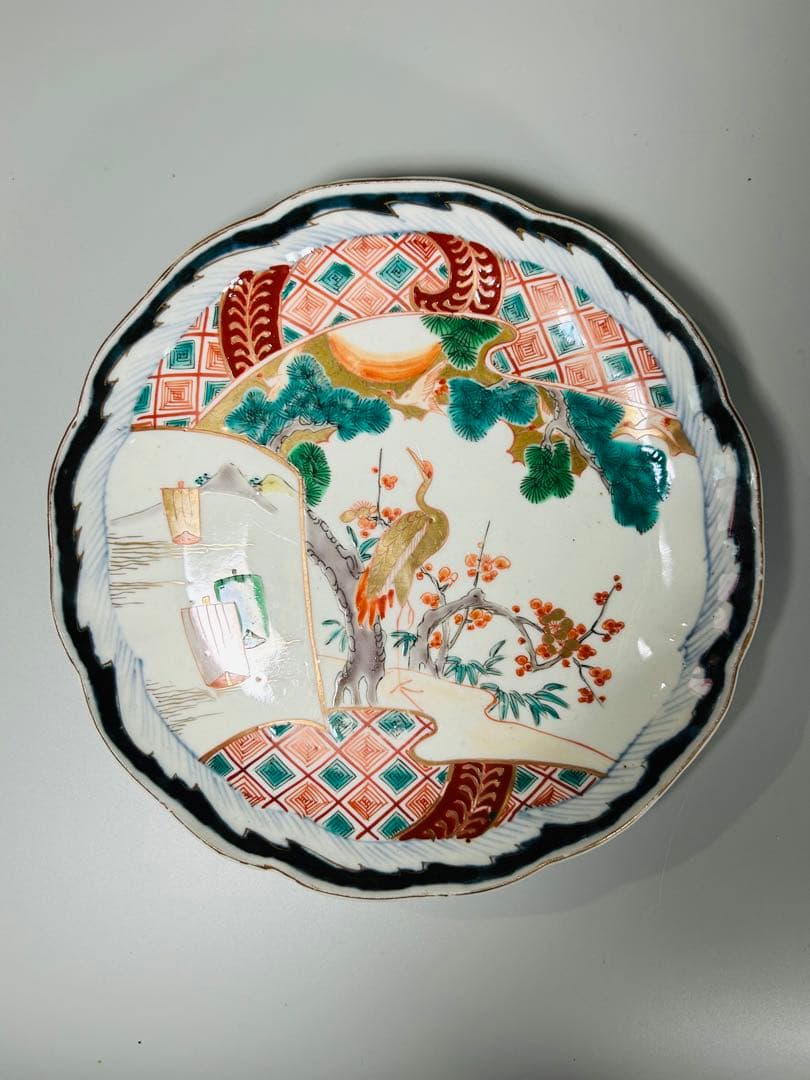 古伊万里　色絵　金襴手　松竹梅　鶴　輪花　七寸皿　5枚　21.5㎝　窓絵　帆舟