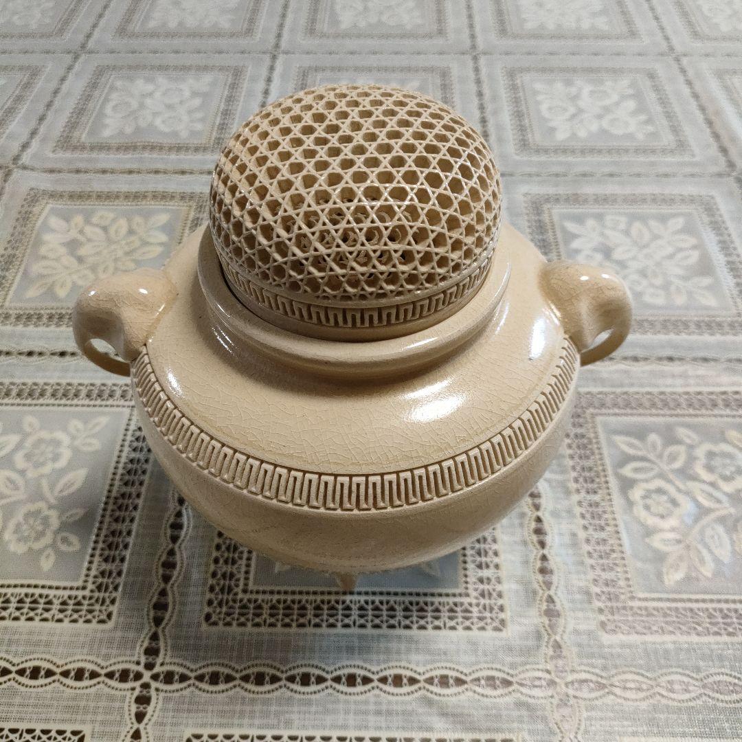 坂下光雄(号光石)作　象耳白薩摩香爐、ウコン布大小2枚＆共箱付