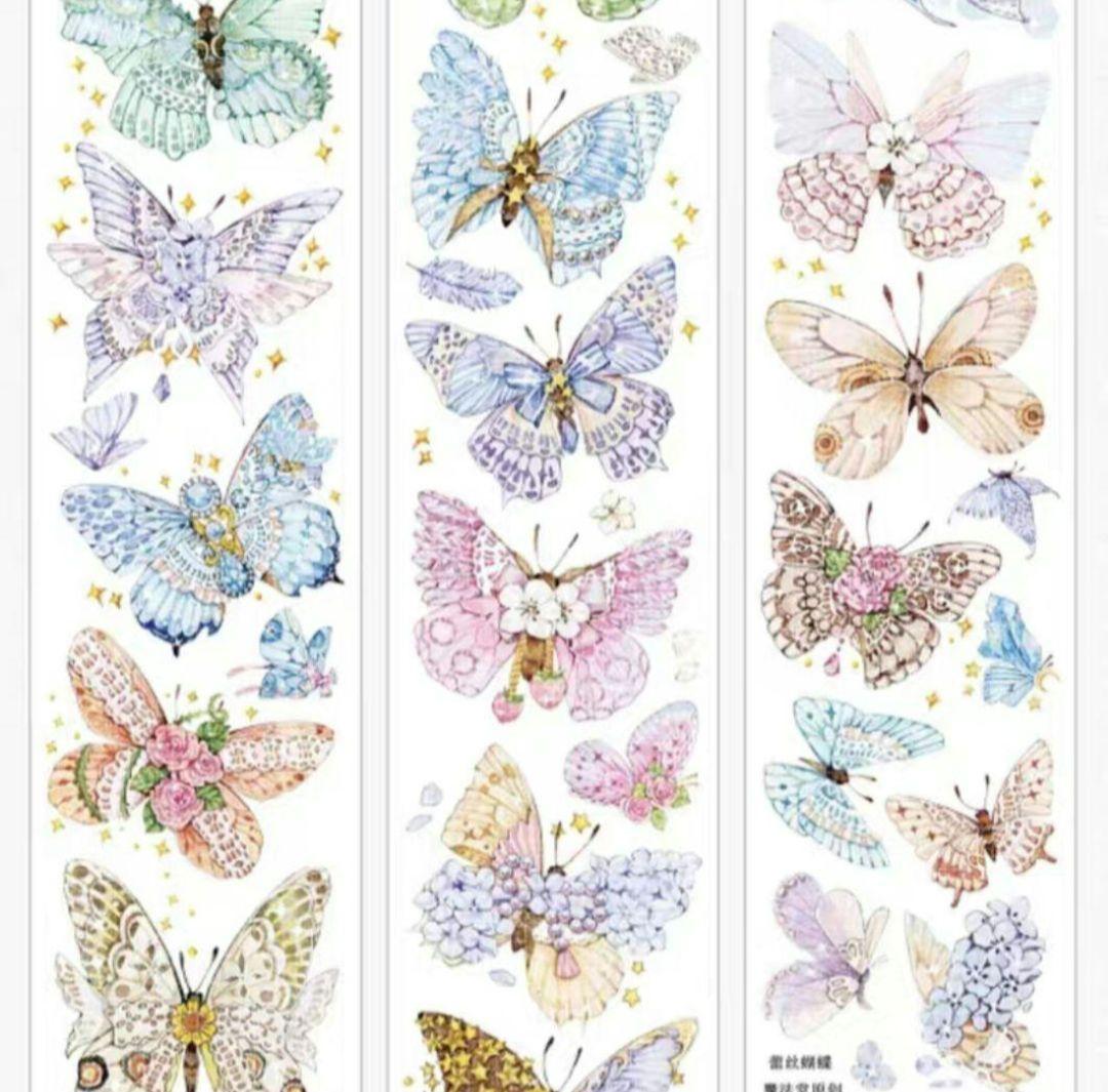 巻売 203★ 海外 マスキングテープ マステ PET 装飾 花 蝶 銀ホロ