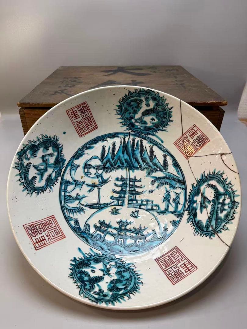 DT519 中国美術 呉須 楼閣山水図 大鉢 皿 明末期