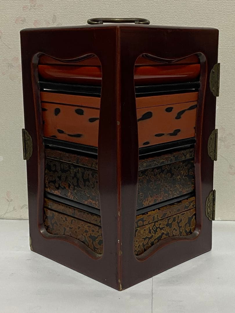 ♦明治時代工芸品 花見 野立て用 四段携帯弁当箱 提重 漆器 古美術品 骨董品