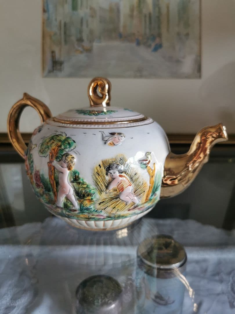 アンティークイタリア カポディモンティ 子供と天使と鳥 収穫 ラージティーポット