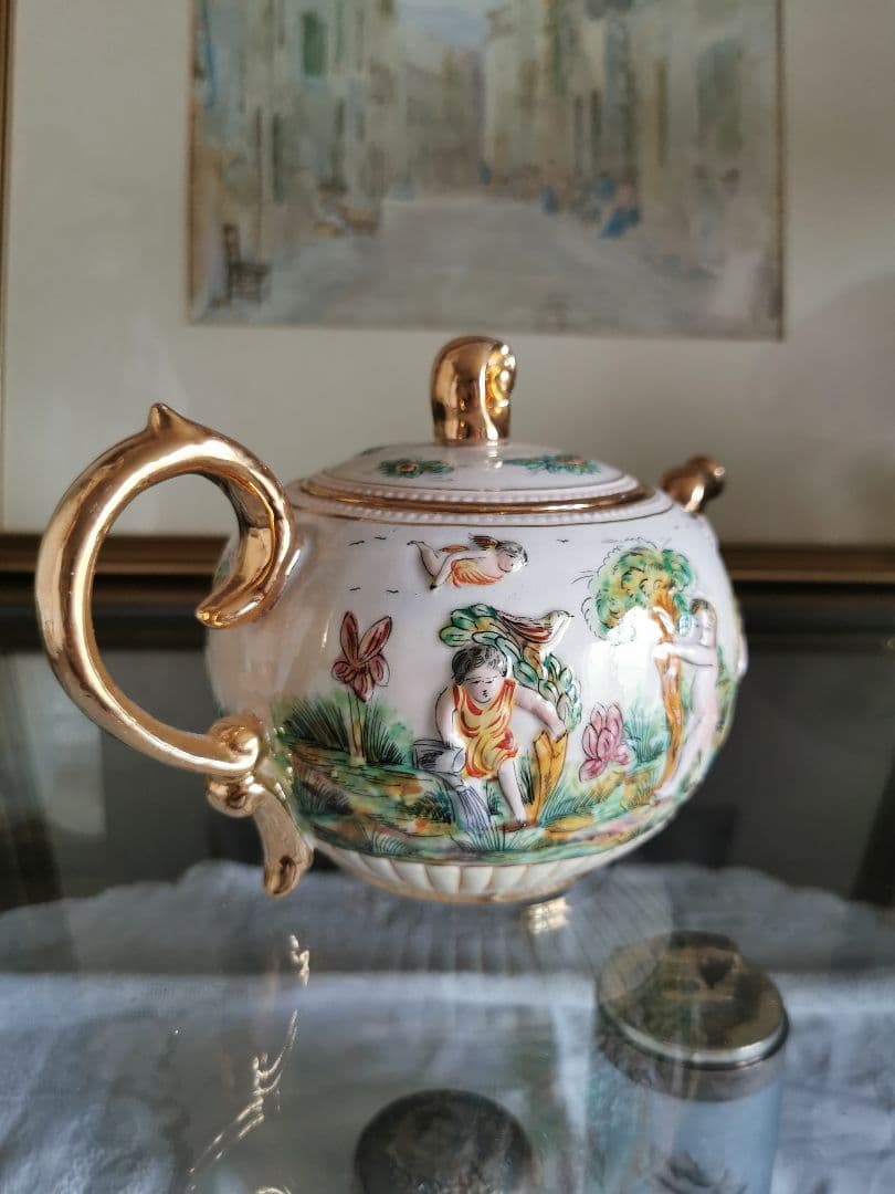 アンティークイタリア カポディモンティ 子供と天使と鳥 収穫 ラージティーポット