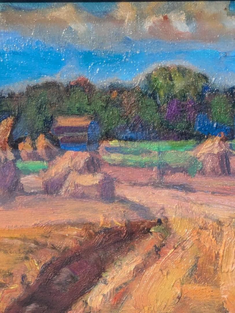 【真作】絵画　油彩SM（板絵）　田園風景　温もりあふれる郷愁の風景　V192