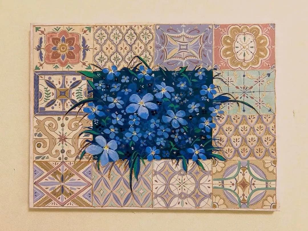 青い花のアクリル画 タイル模様 ハンドメイド