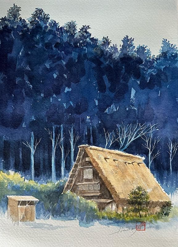 水彩アート「群青の森　Ⅲ」1点物、手描き、真筆