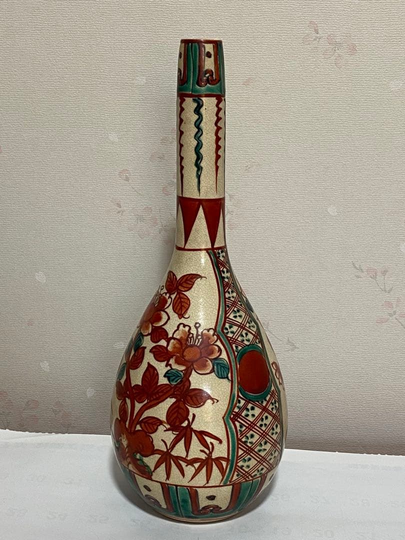 ♦赤絵 赤玉 瓔珞 鋸歯 紋様 鶴首瓶 徳利 九谷焼 越中八尾 大正時代 骨董品
