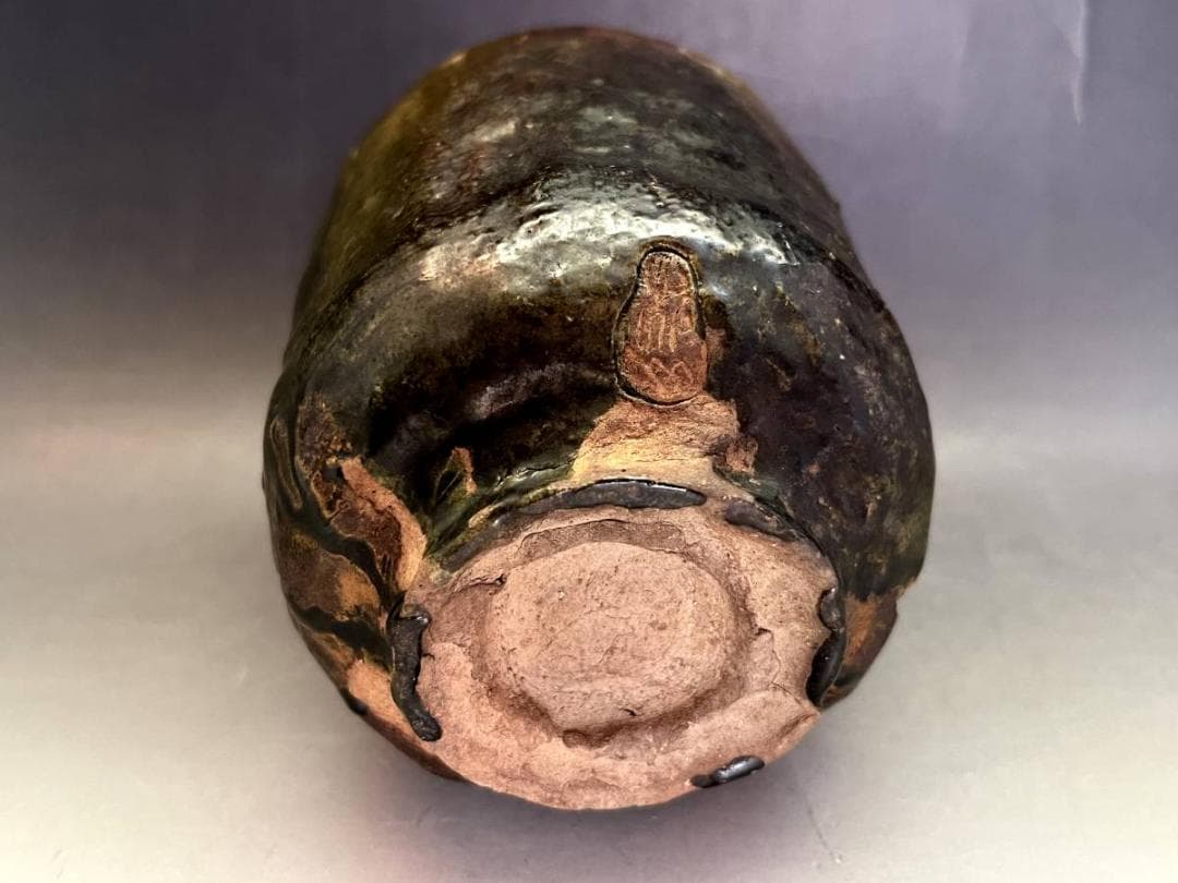 湯飲み■時代物 達摩図緑釉筒茶碗（江戸期）古織部 湯呑 箱入り 時代物 骨董品■