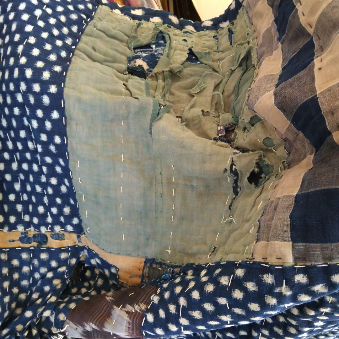 藍色 ボロ布 綿 布団 敷物 大判 骨董品 ボロ布市 明治期