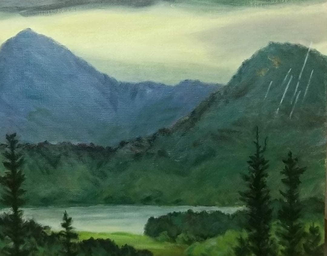 F15「雨の山湖」2002 平成14年 油絵 絵画