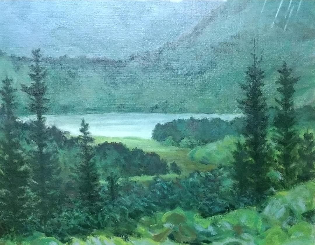 F15「雨の山湖」2002 平成14年 油絵 絵画