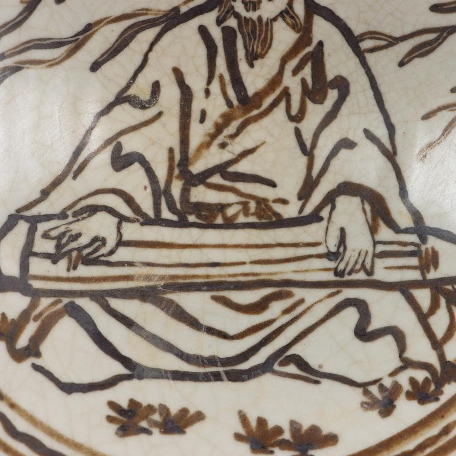 Y2396-1 中国 宋時代 人物図 波型皿 直径23㎝ 箱付き　せ