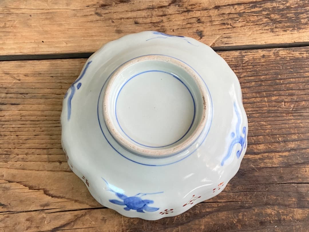 みぃちゃん様リクエスト 古伊万里 赤絵金彩オランダ唐草クルス文輪花皿 3客/染錦