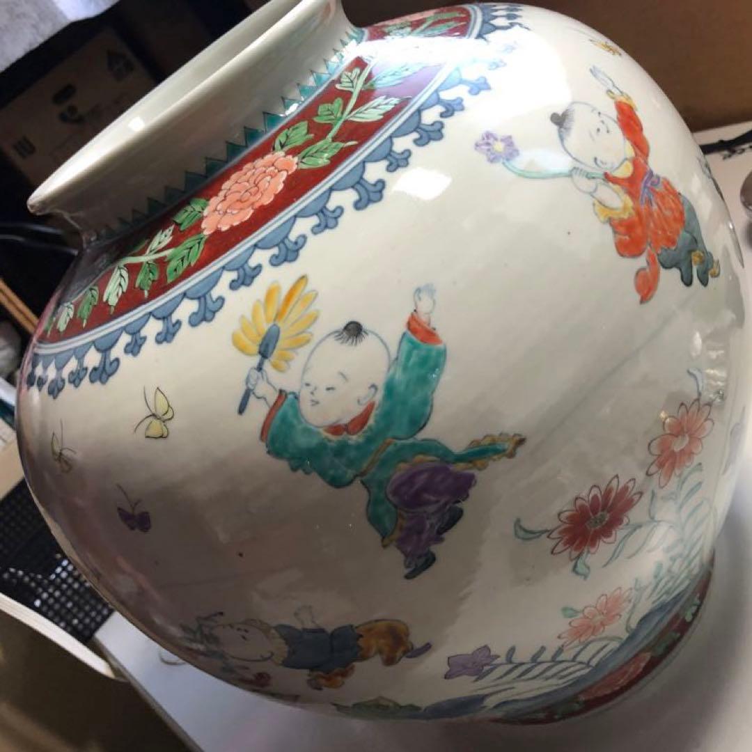 五代佐藤走波染錦唐子遊図つぼ　心和む優しい色使い　高さ約36.5cm約7.2kg