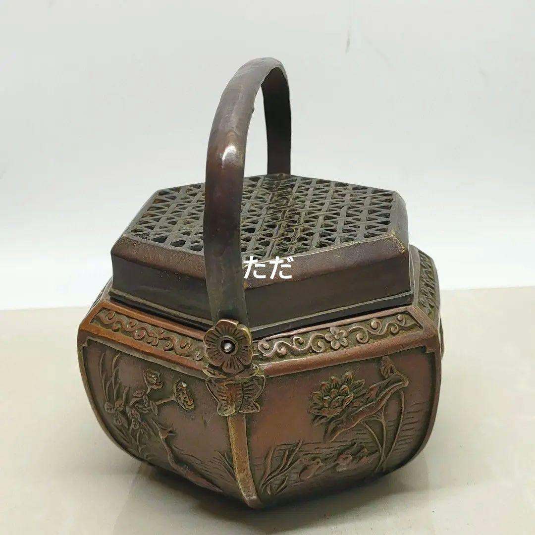 銅製 提梁暖手炉 喜上枝頭手提げ暖手炉 香炉 香道具 装飾品 工芸品 置物