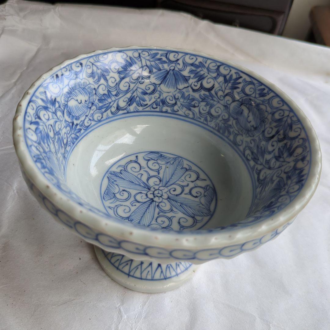 骨董 古伊万里 盃洗 線描き 染め付け 器 物入れ 花唐草 鉢 菓子器