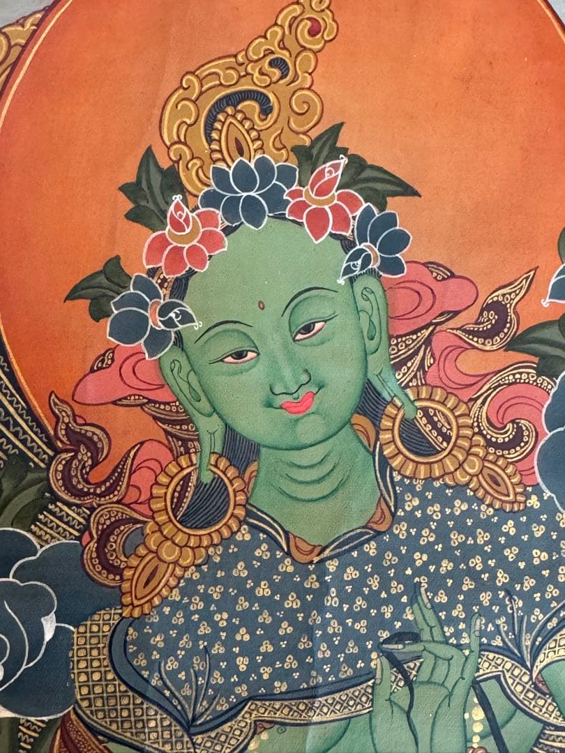 グリーンターラ　観音　西蔵 タンカ　絹本　肉筆　仏画　仏教美術 チベット 原画