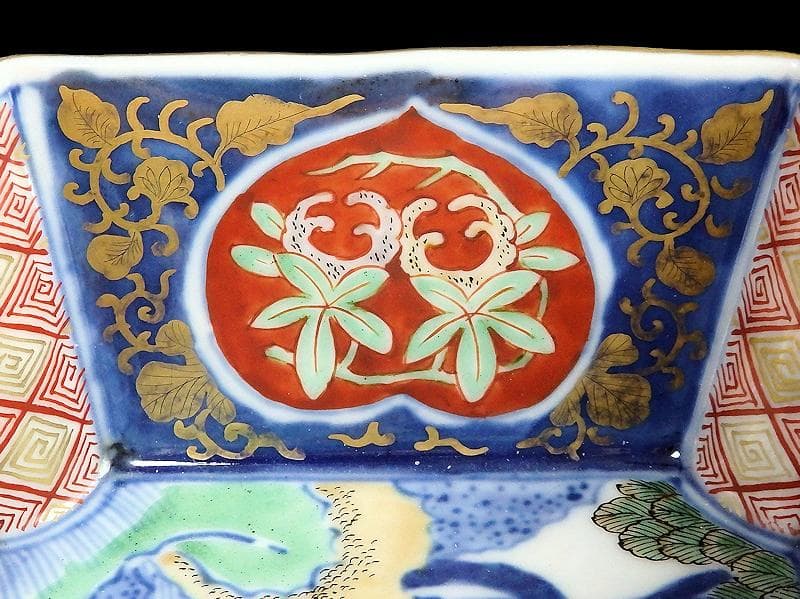 大聖寺伊万里　金襴手　桃に柘榴　大樹に欄干の図　四方角向付　E101AS-CQi