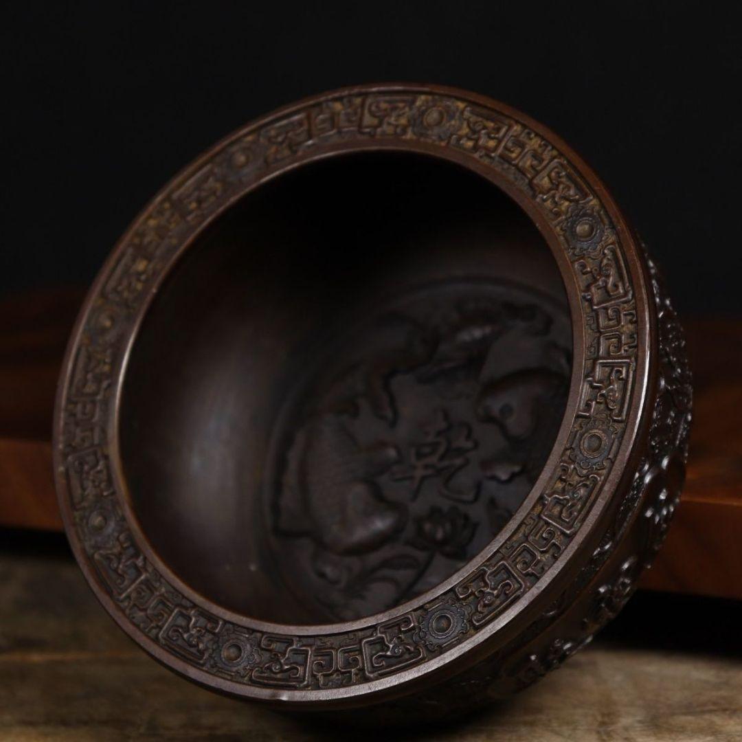 銅 細工 彫刻 乾坤聚宝盆 福禄寿喜 双魚紋飾 工芸品 美術品 置物