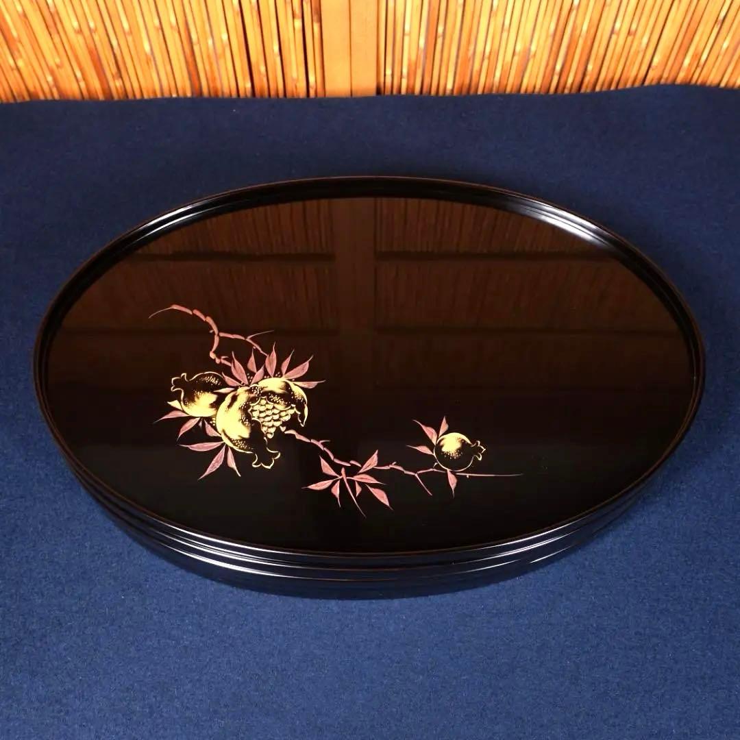 最終値下 輪島塗 黒塗 沈金柘榴文 楕円形盆 卓上膳 5客 共箱