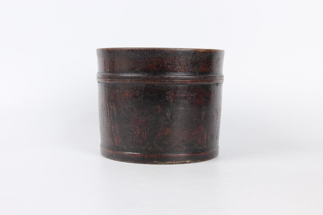 明末清初中国 木胎 黒漆 筒形容器 民窯 民用 漆器 物入れ ED11-23