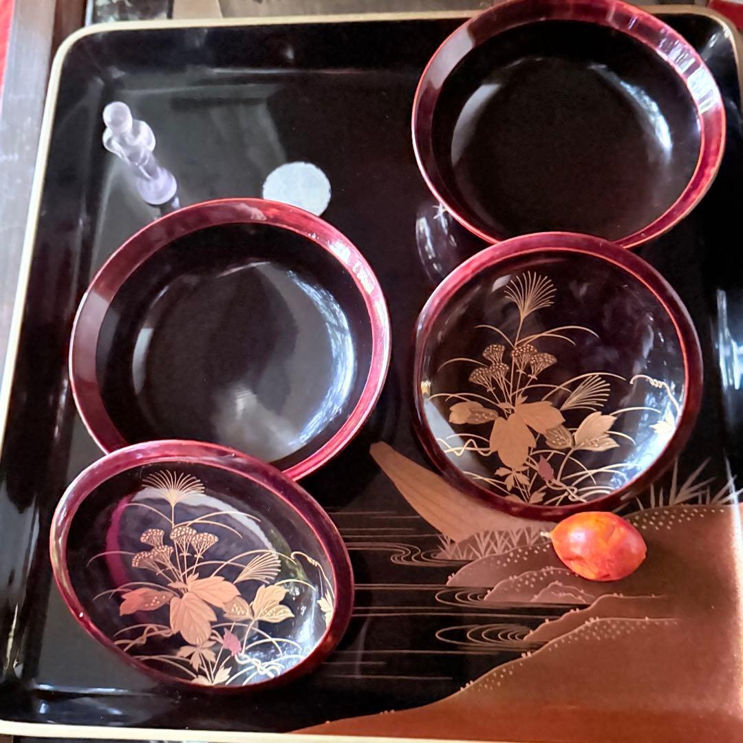 2215様感謝‼️感謝特別価格‼️超絶JAPAN蒔絵あけぼの❌黒蒔絵茶懐石吸物椀5客