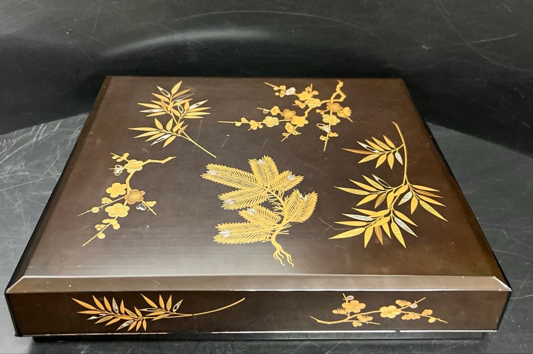 時代　木製　上手蒔絵内梨地硯箱　木箱付　東Y7-1126☆2Fトコヒカ