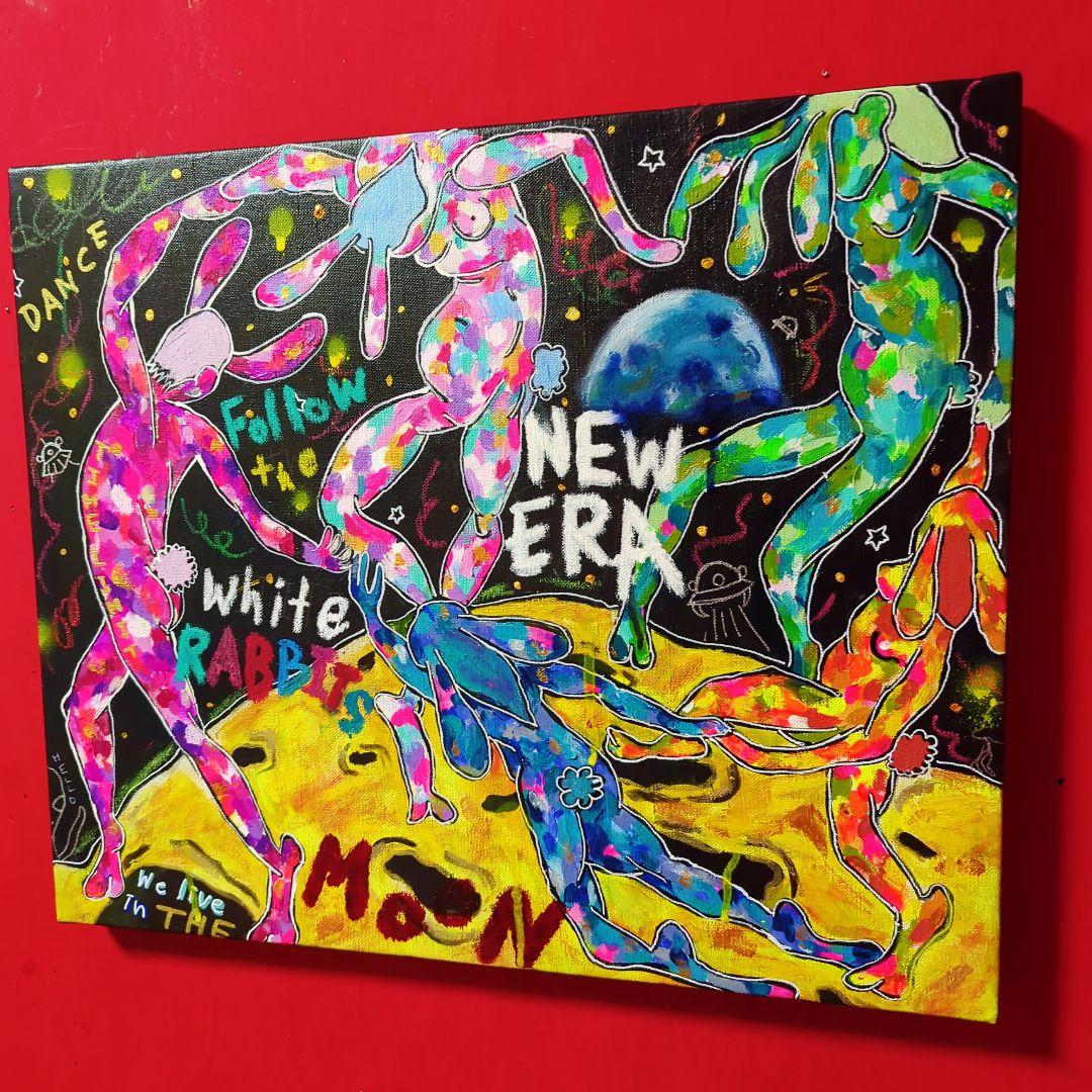 【一点物現代アート】月の裏側でダンスするうさぎの絵【F8号】