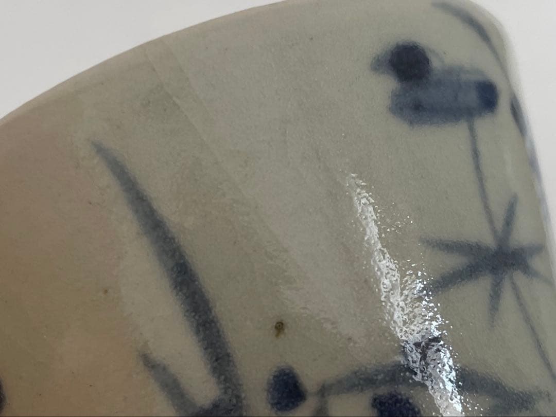 骨董　古伊万里　染付　草花文様　蕎麦猪口　高台付　縁共色直しあり