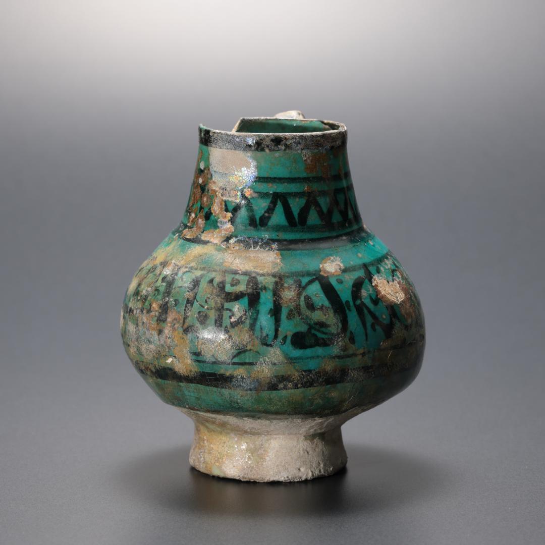 ペルシャ 青釉黒彩手つき水注 　イラン　アンティーク　R1182て