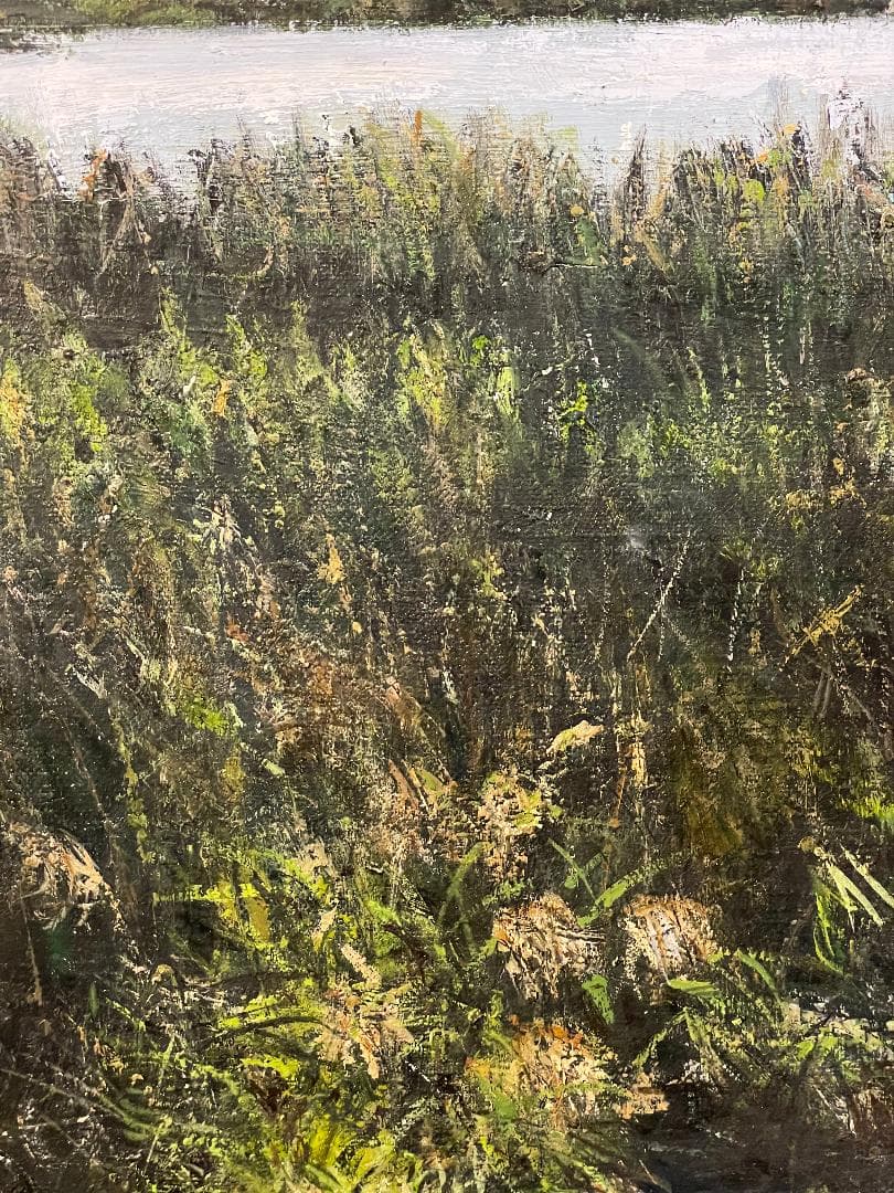 「真作」真殿靖「水郷(安土八幡)」風景画　油彩画　額装　サイン有り　P20号