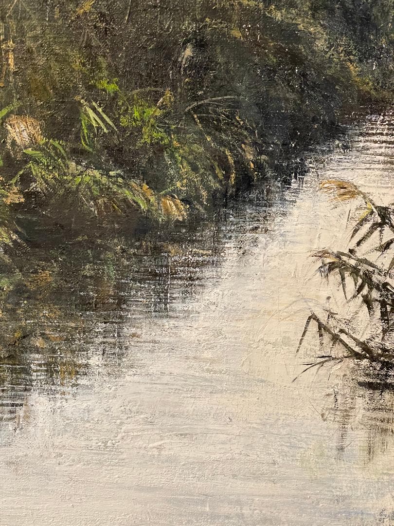 「真作」真殿靖「水郷(安土八幡)」風景画　油彩画　額装　サイン有り　P20号