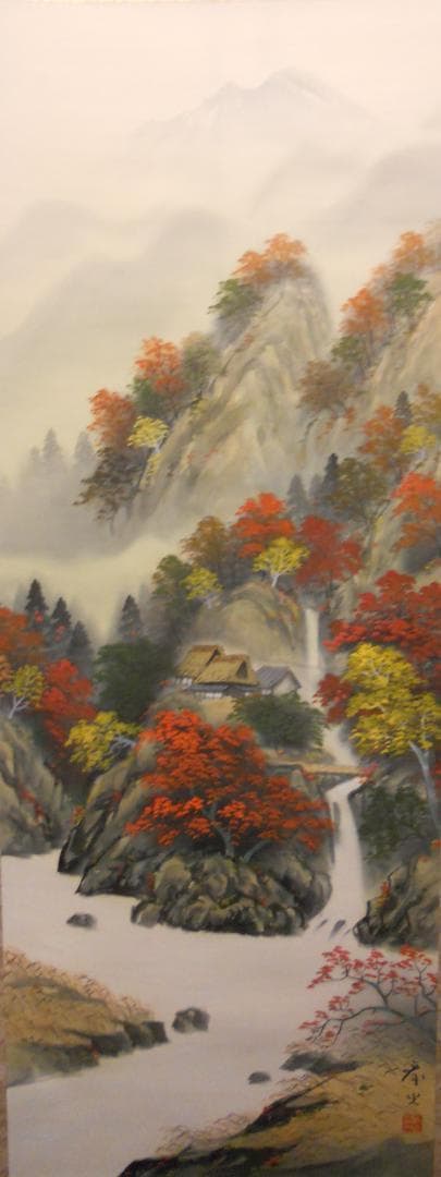掛け軸 秀水 彩色秋景図 絹本 希少 軸装 茶道具 掛軸 美品 です。