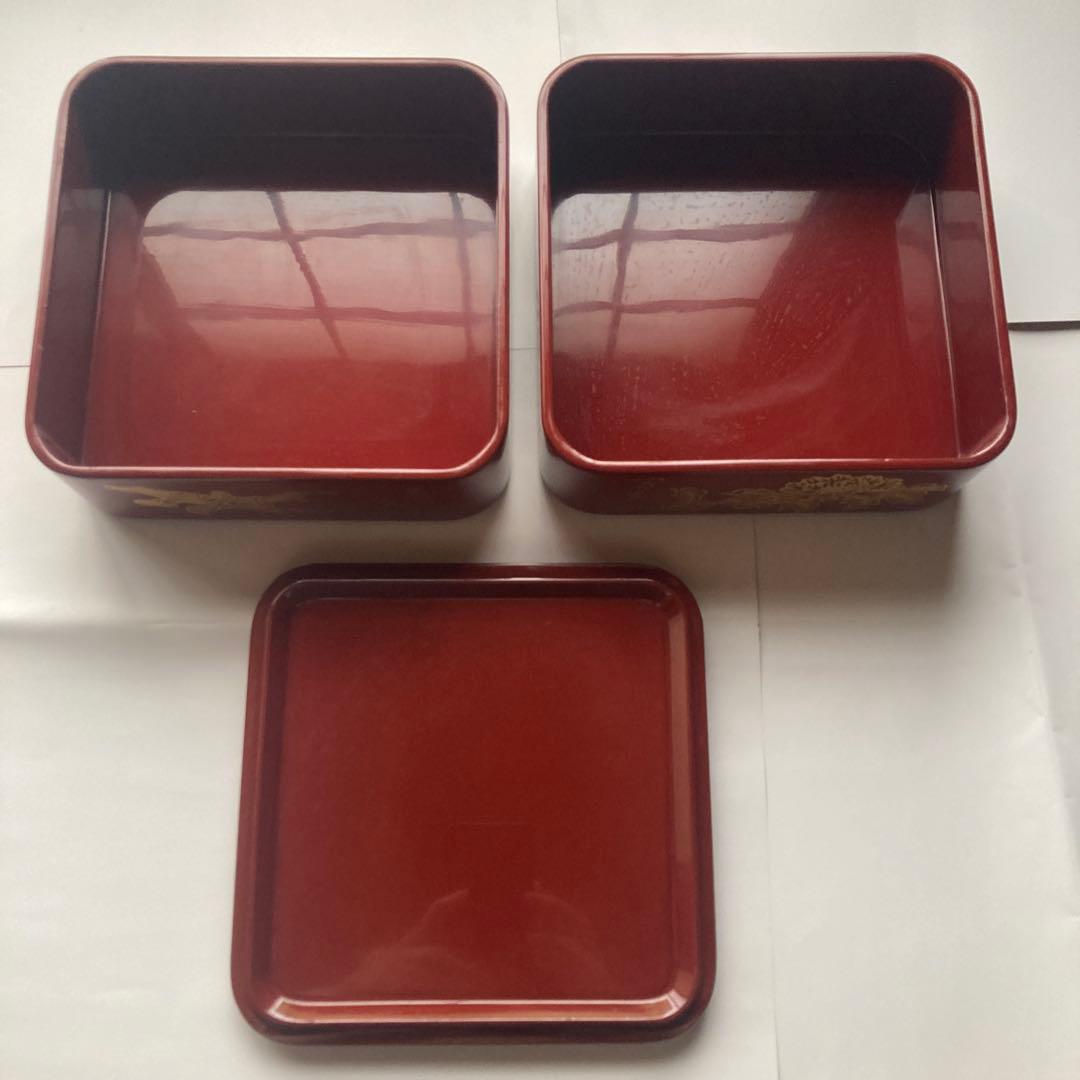 百寿万年　不老長春　二段　漆塗　赤金　重箱　2種