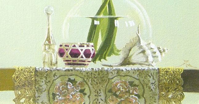 絵画　田浦信勝  肉筆油絵 静物画 黄色いカラー テーブルクロス