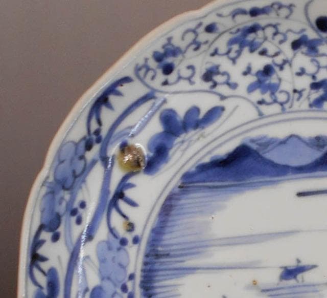 古伊万里　染付　花唐草　山水図 中皿 藍柿右衛門　江戸 2009