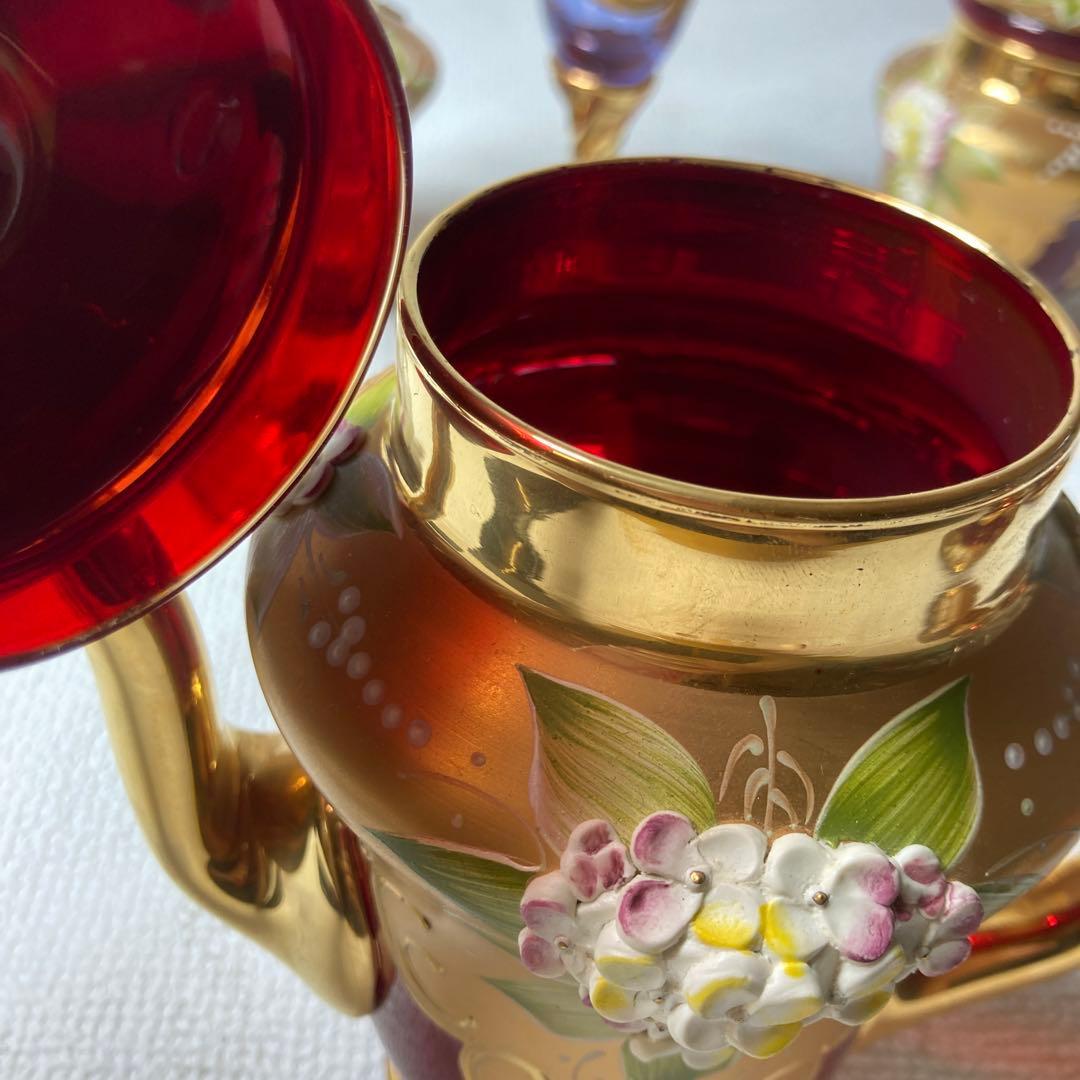 ベネチアングラス　赤と金の花柄ティーセット