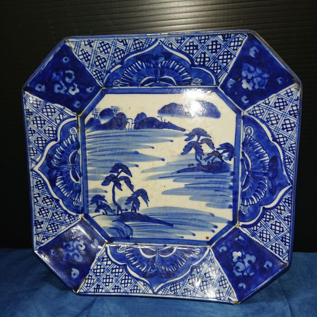 時代物古伊万里四方隅切皿染付青華ベロ