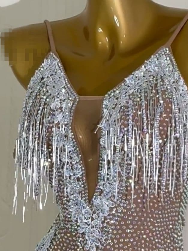 オーダーメイド 社交ダンス衣装 オールストーン フリンジ ベージュ
