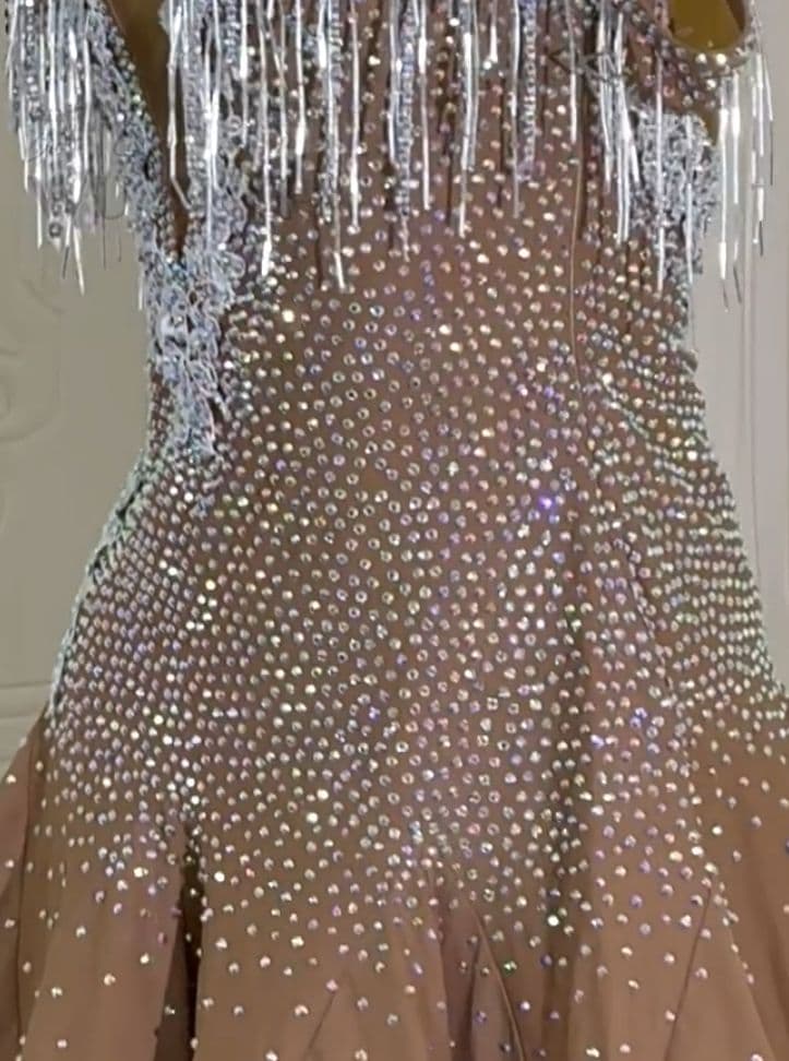 オーダーメイド 社交ダンス衣装 オールストーン フリンジ ベージュ