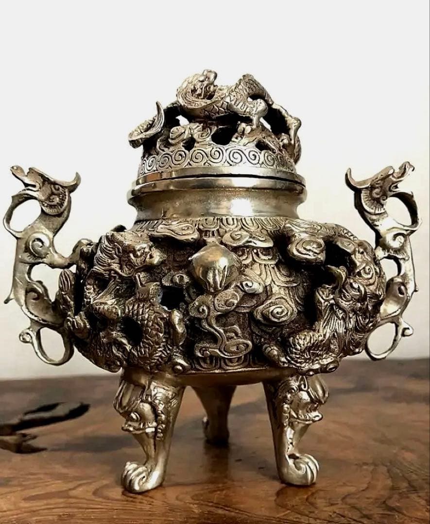 中国美術 乾隆年製 三脚 香呂 白銅 多龍紋刻