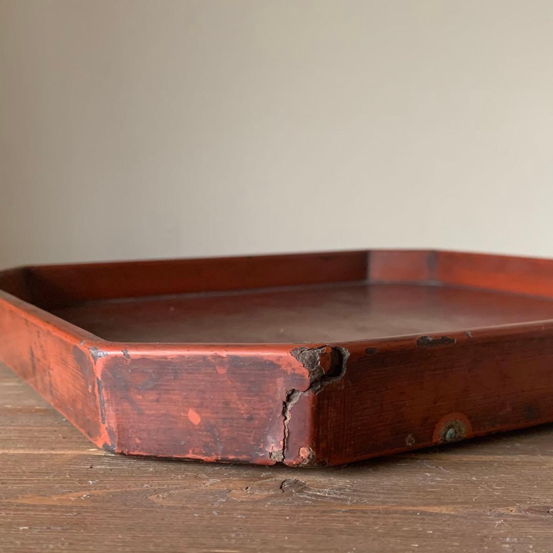 隅切 折敷 朱塗り盆 No.2 古美術 古道具 アンティーク 盆 折敷盆