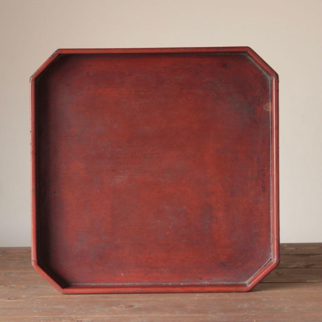 隅切 折敷 朱塗り盆 No.2 古美術 古道具 アンティーク 盆 折敷盆